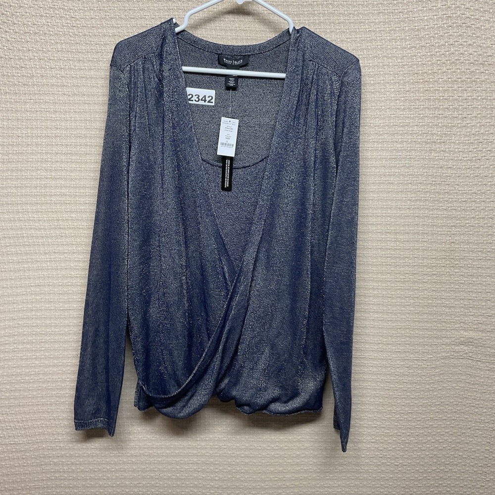 NWT White House Black Market L Blue Marled Twofer Tank/ LS Sweater Top Faux Wrap